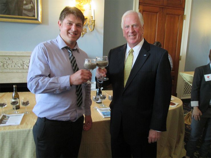 Grad Student, Stewart Wilson and Congressman Mike Thompson toasting with glass of soil.  Photos courtesy of S.W.